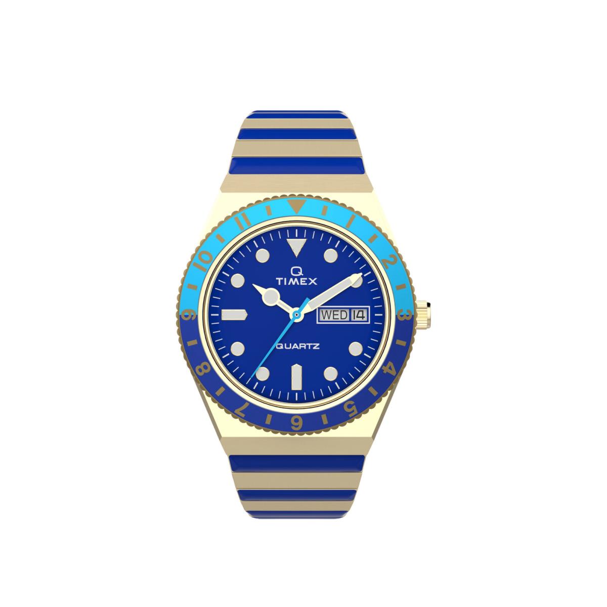 Timex Q Malibu 36mm SS Expansion Band Gold/blue Women`s Watch TW2V38500VQ