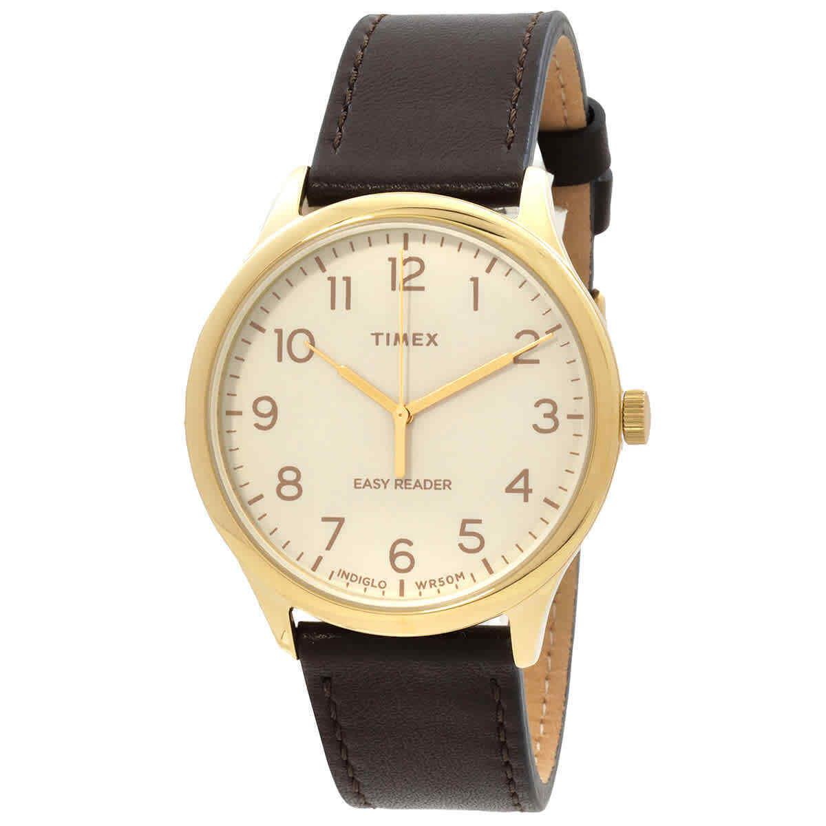 Timex Easy Reader Main Line Quartz Men`s Watch TW2V28100 - Dial: Beige, Band: Brown, Bezel: Gold-tone