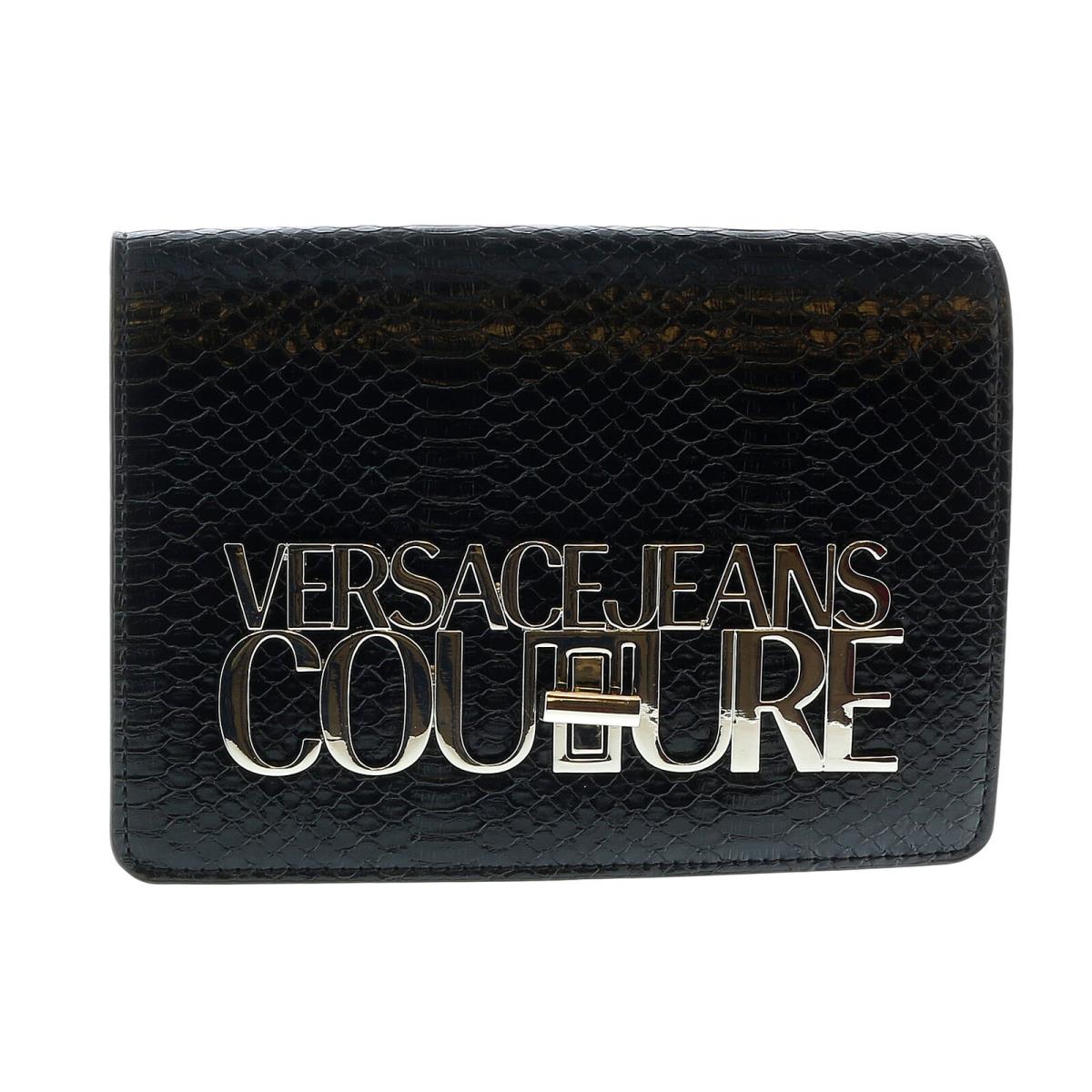 Versace Jeans Couture Black Structured Snake Skin Embossed Small Crossbody Bag