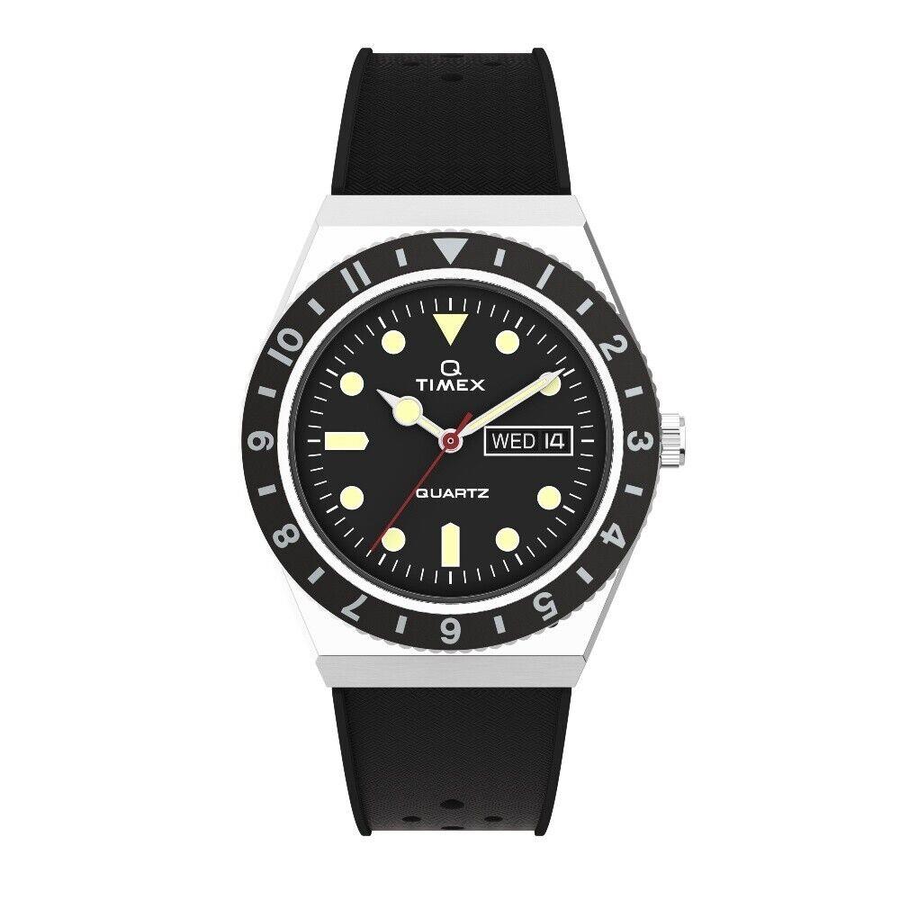 Men`s Timex Q Black Dial Day/date Black Rubber Watch TW2V32000