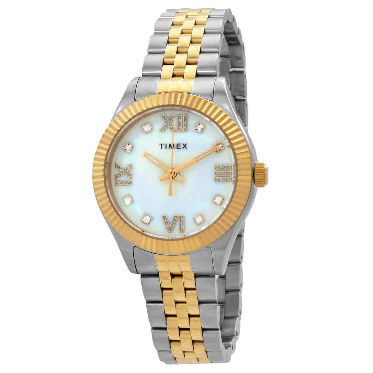 Timex Legacy Quartz Crystal Mop Dial Ladies Watch TW2V45600 - Dial: Mother of Pearl, Band: Two-tone (Silver-tone and Gold-tone), Bezel: Silver-tone