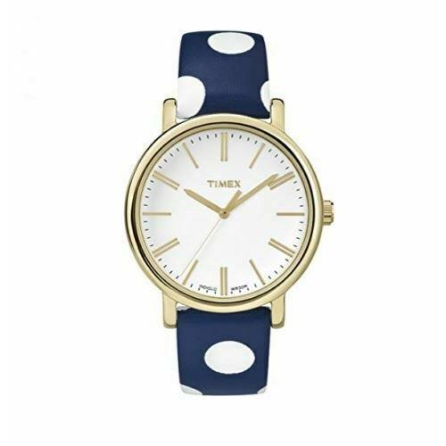 Timex Gold Navy Blue+white Polka Dot Leather Band Indiglo WATCH-TW2P63500AB