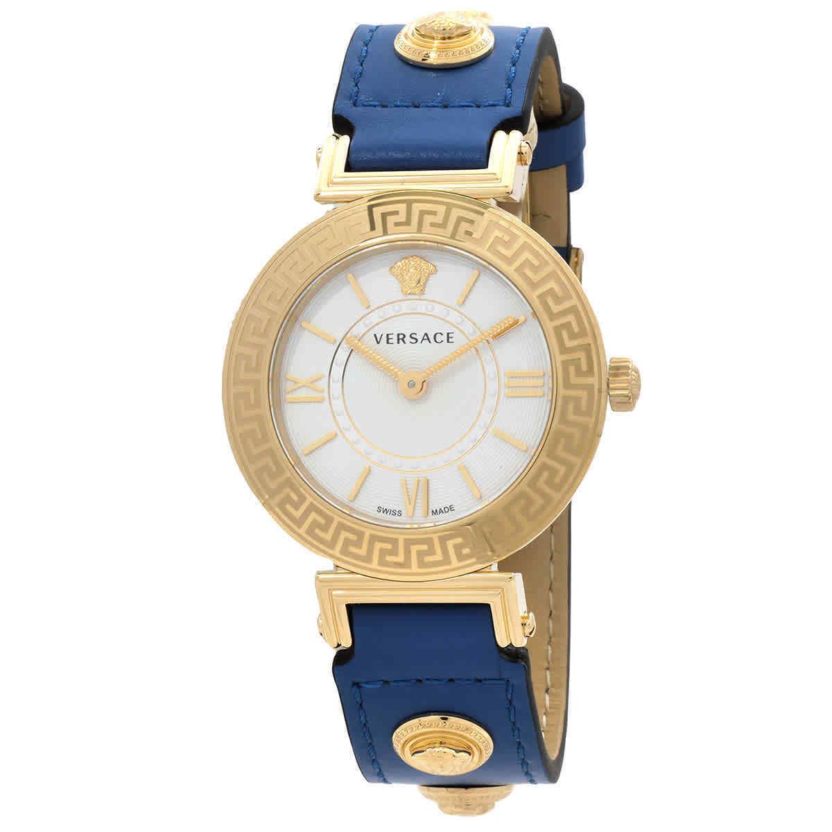 Versace Tribute Quartz Silver Dial Ladies Watch VEVG00320 - Dial: Silver (Clous de Paris), Band: Blue, Bezel: Yellow Gold Ion-plated