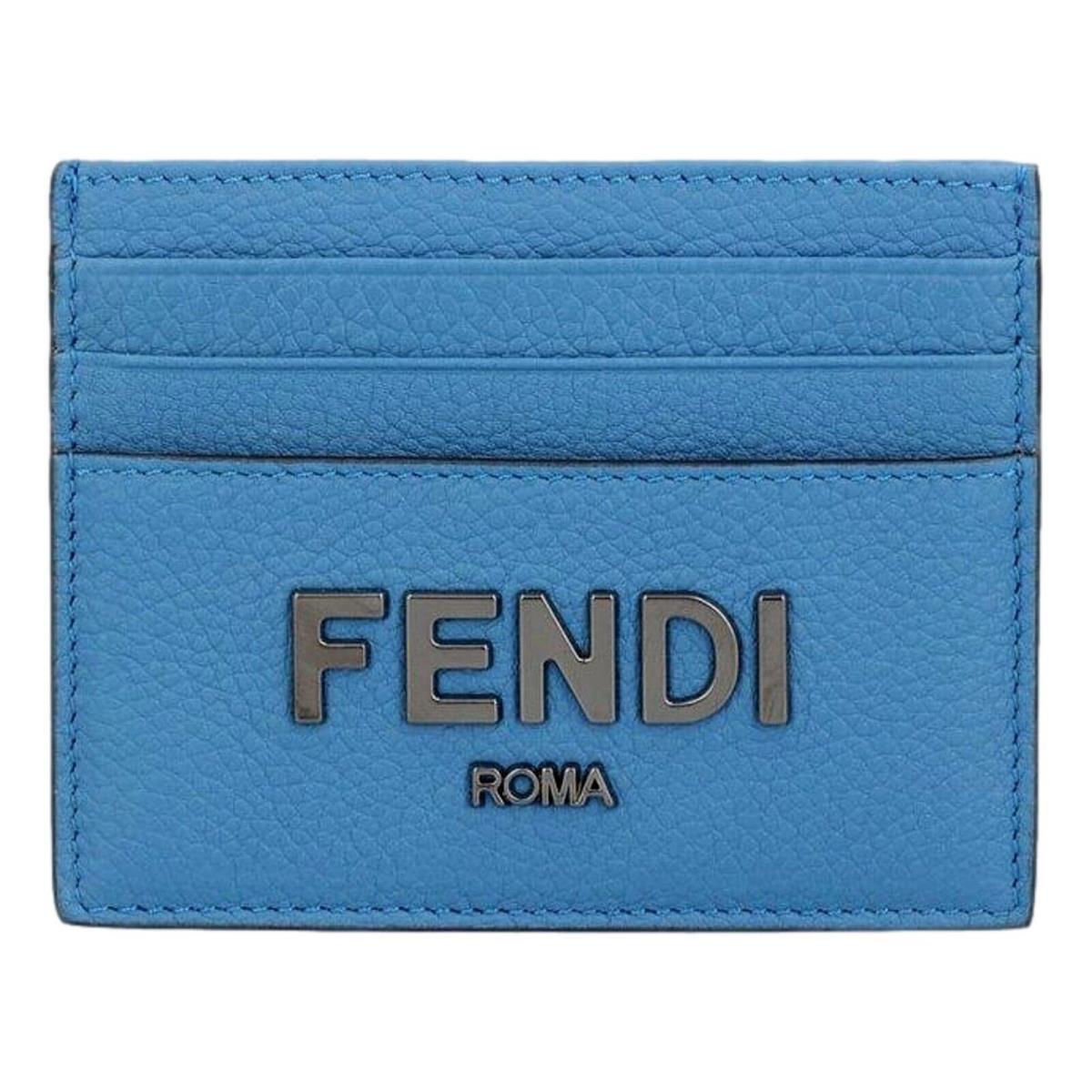 Fendi Signature Fiordaliso Blue Grained Leather Card Case Wallet