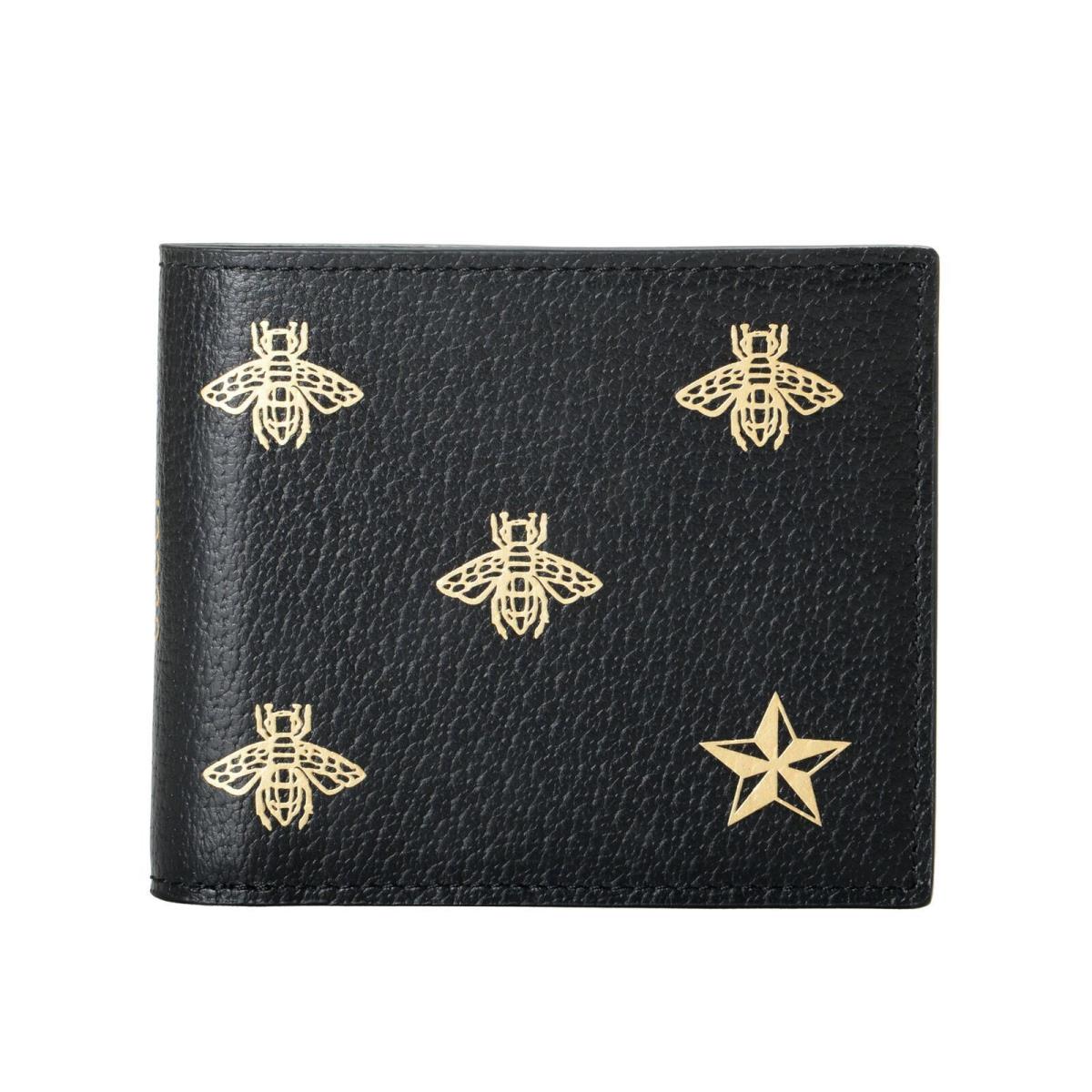 Gucci Men`s Black Gold Bee Star Print Textured Leather Bifold Wallet