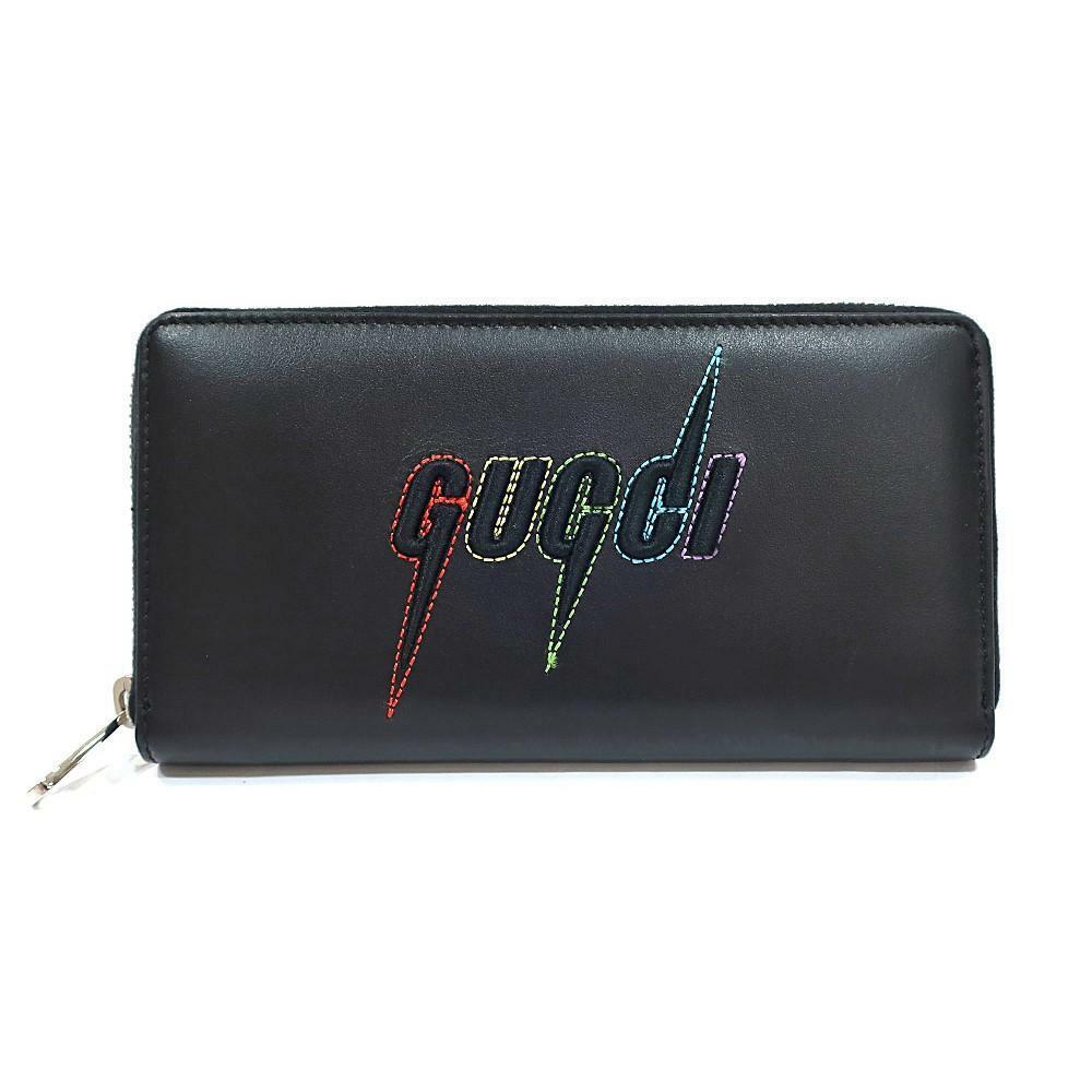 Gucci Black Leather Rainbow Blade Lightning Logo Long Wallet 597677