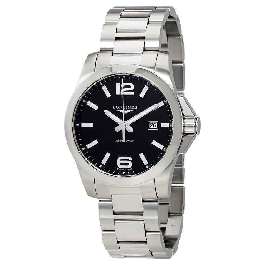 Longines Conquest Black Dial Stainless Steel Men`s 43mm Watch L37604566 - Dial: Black, Band: Silver, Bezel: Silver