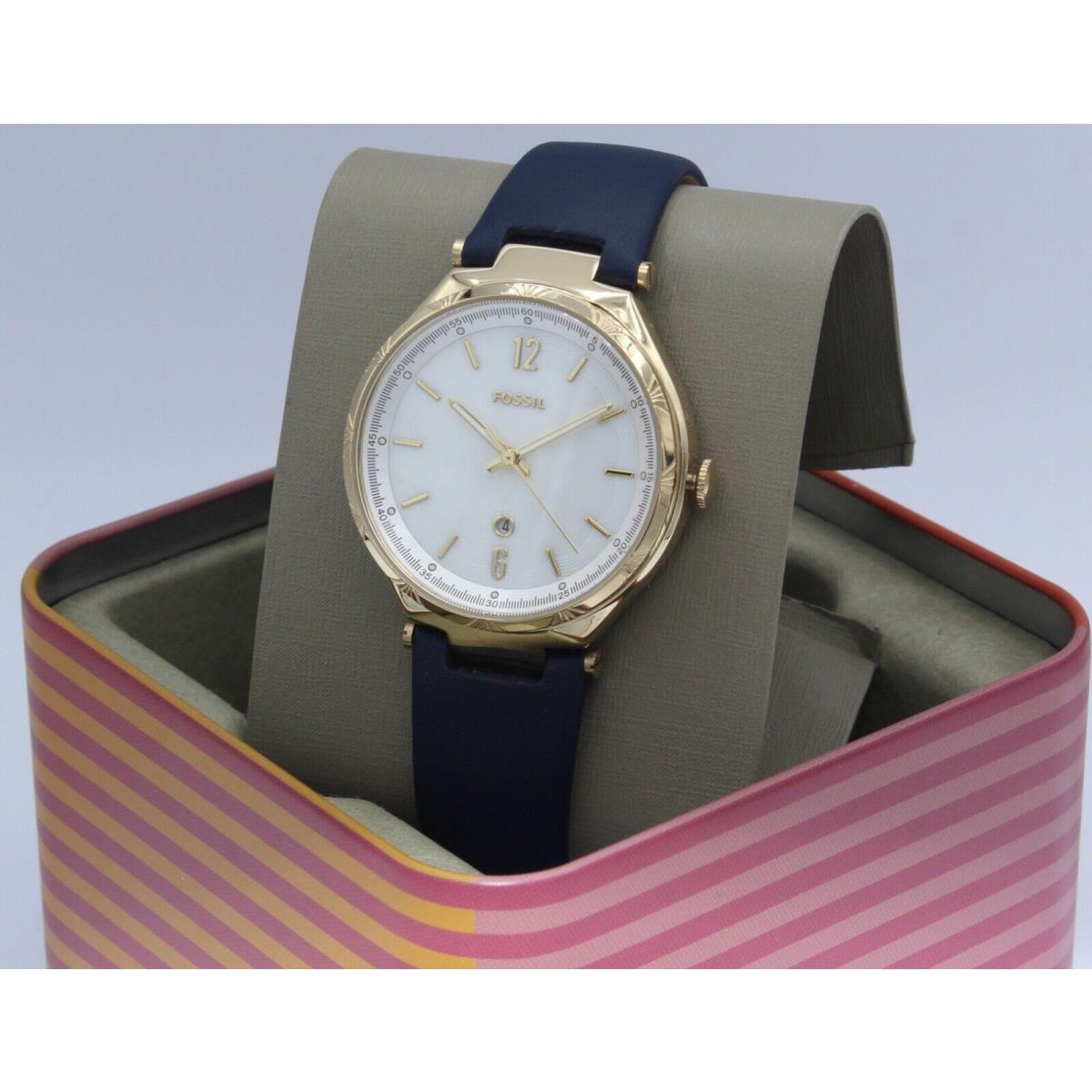 Fossil Ashtyn Gold Navy Blue Leather Mop Dial Women`s BQ3744 Watch