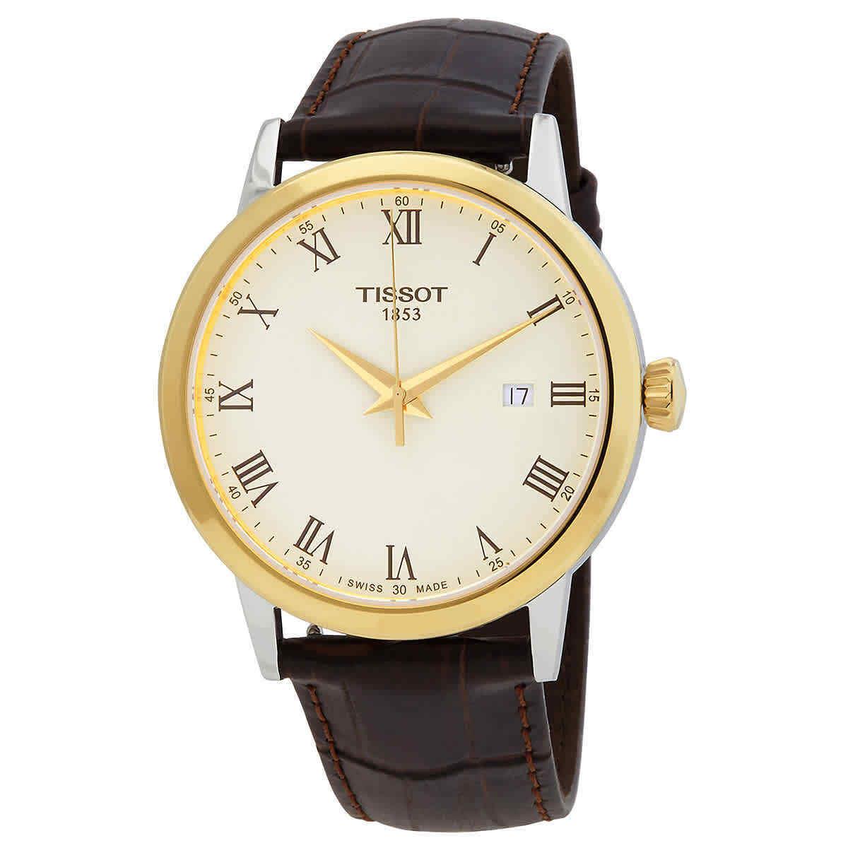 Tissot T-classic Quartz Men`s Watch T129.410.26.263.00 - Dial: Ivory, Band: Brown, Bezel: Gold