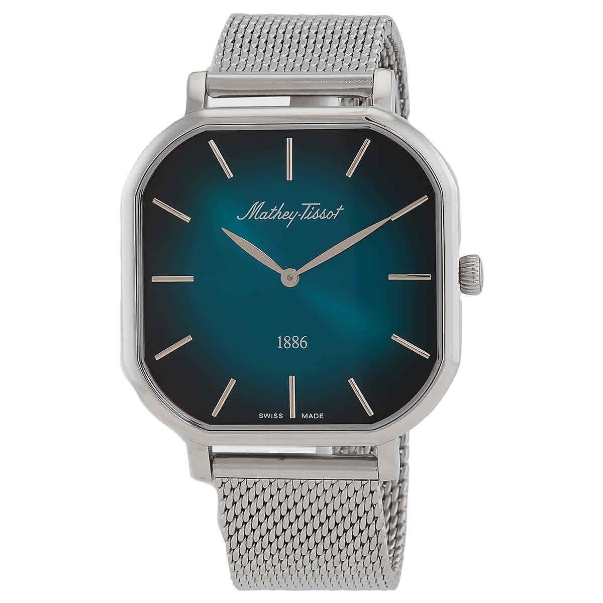 Mathey-tissot Monsoon Square Quartz Green Dial Men`s Watch H7917AV - Dial: Green, Band: Silver-tone, Bezel: Silver-tone