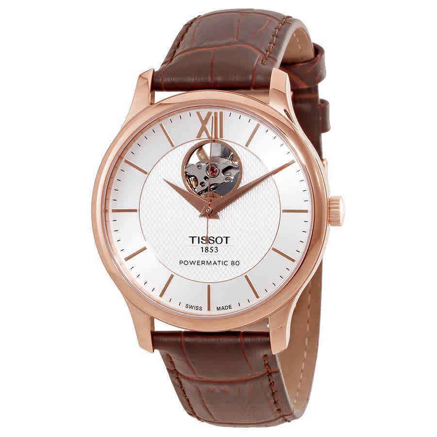 Tissot T-classic Tradition Automatic Silver Dial Men`s Watch T063.907.36.038.00 - Dial: Silver, Band: Brown, Bezel: Pink