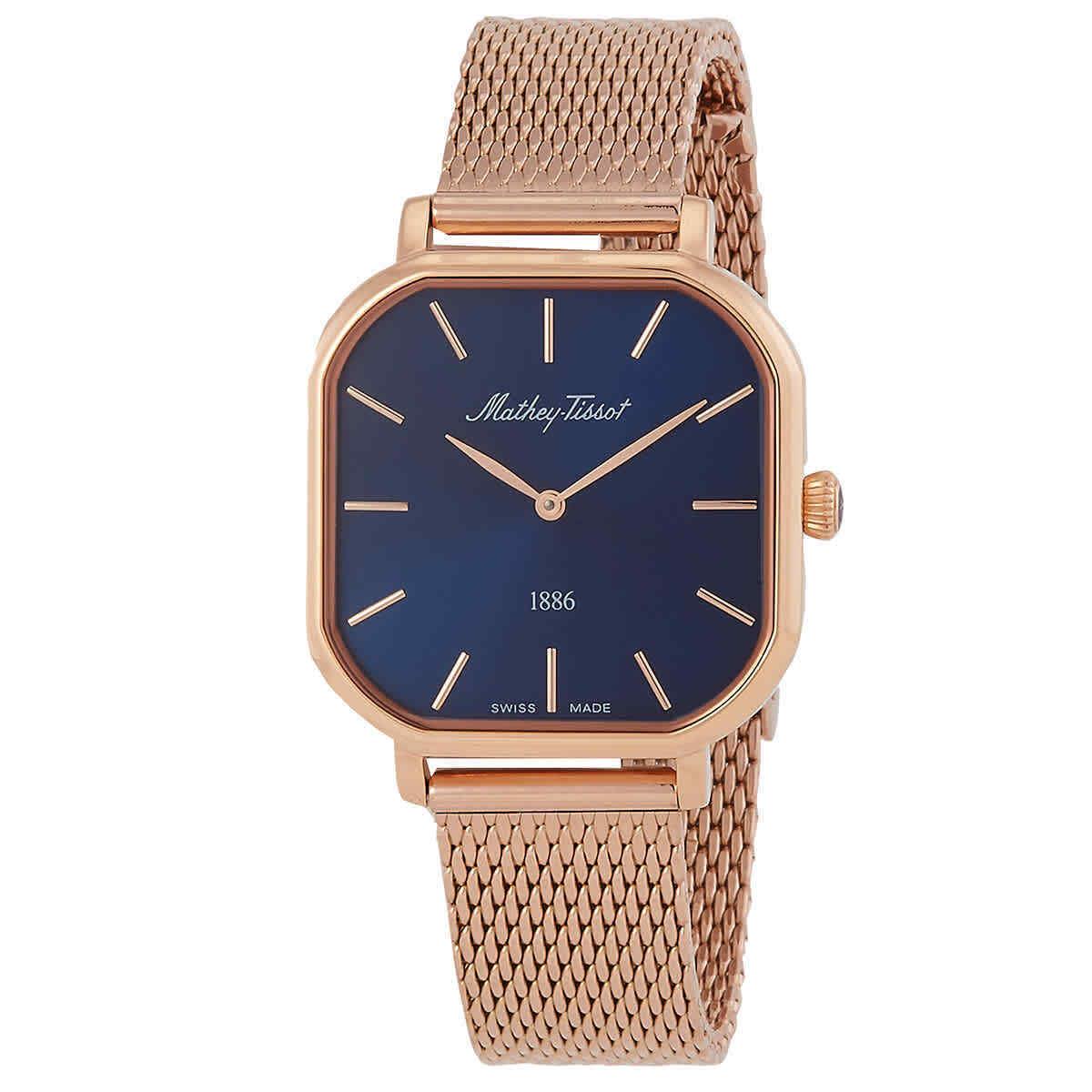 Mathey-tissot Monsoon Square Quartz Blue Dial Ladies Watch D7917PBU - Dial: Blue, Band: Rose Gold-tone, Bezel: Rose Gold-tone