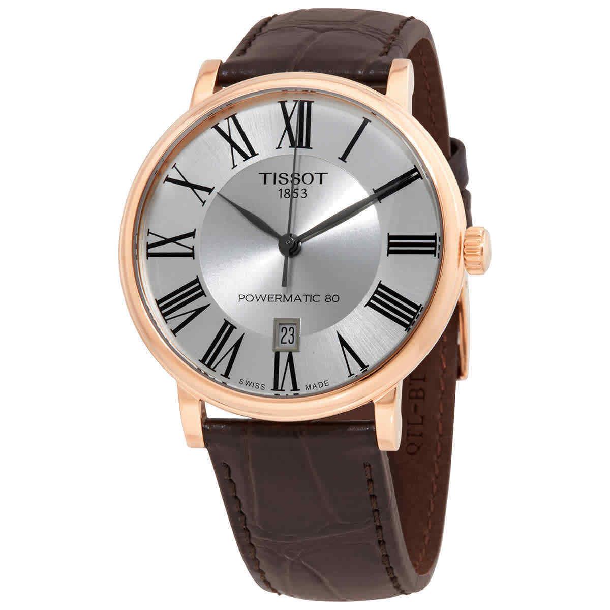 Tissot Carson Automatic Silver Dial Men`s Watch T122.407.36.033.00 - Dial: Silver, Band: Brown, Bezel: Pink