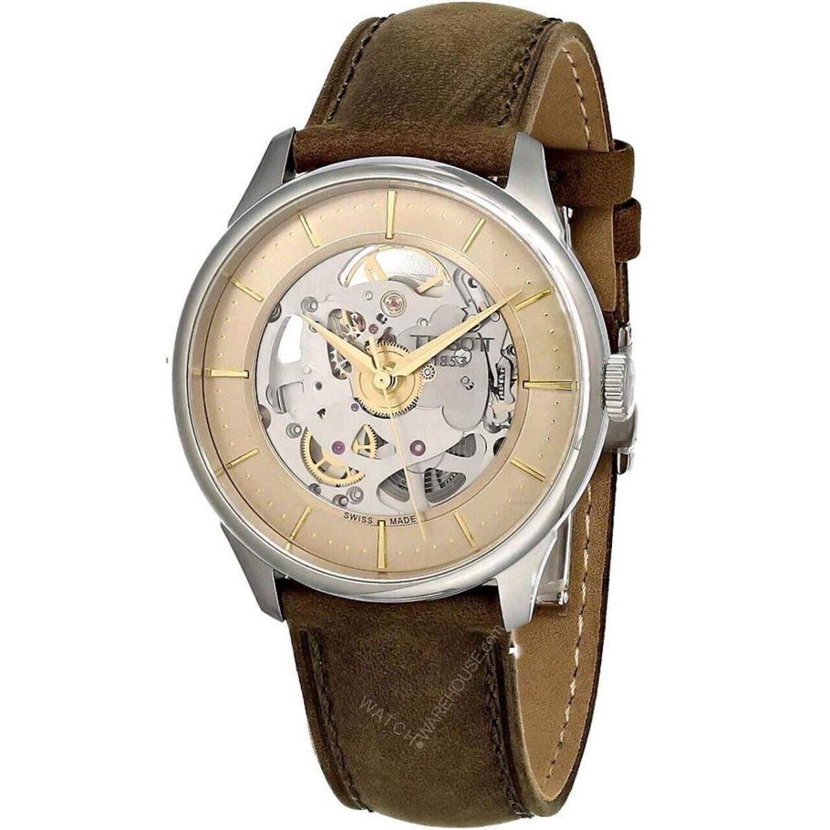 Tissot Chemin Des Tourelles Squelette 39MM Men`s Watch T139.836.16.261.00 - Dial: Transparent Skeleton, Band: Brown, Bezel: Silver