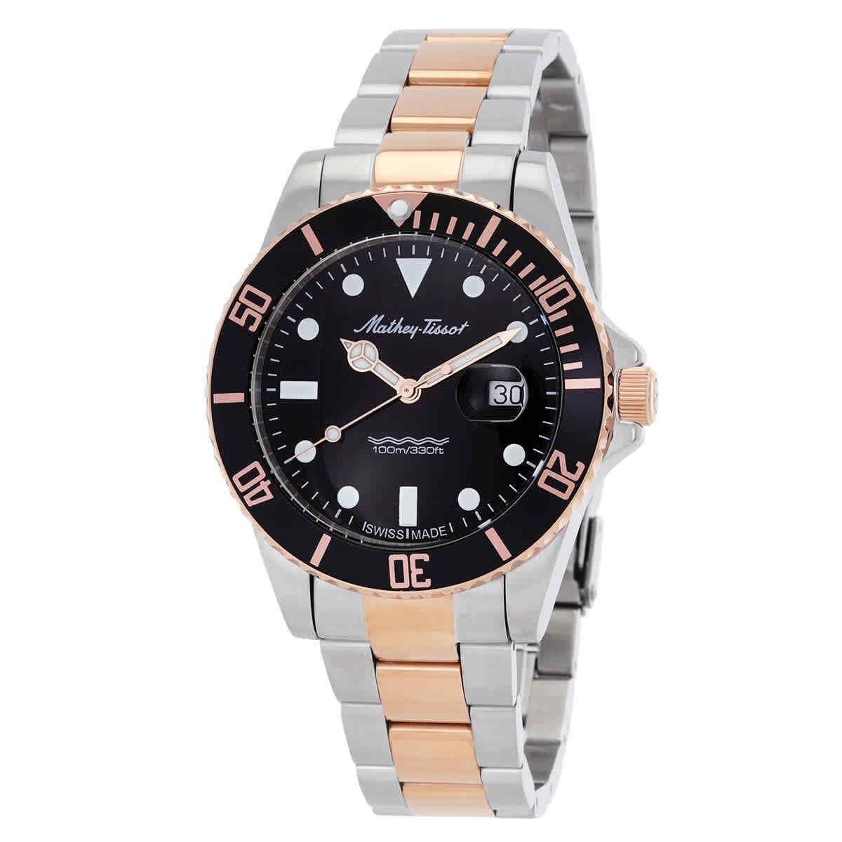 Mathey-tissot Mathy Vintage Quartz 42mm Black Dial Men`s Watch H9010RN - Dial: Black, Band: Two-tone (Silver-tone and Rose Gold PVD), Bezel: Two-tone