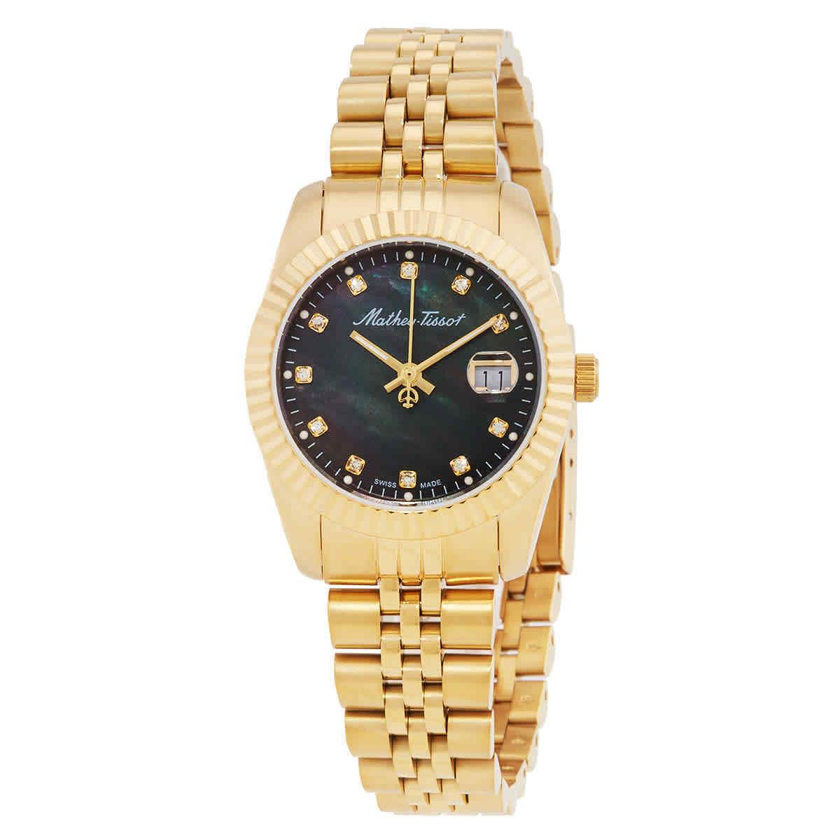 Mathey-tissot Mathy Iii Mop Quartz Black Dial Ladies Watch D910PN - Dial: Black, Band: Yellow Gold-tone, Bezel: Yellow Gold-tone