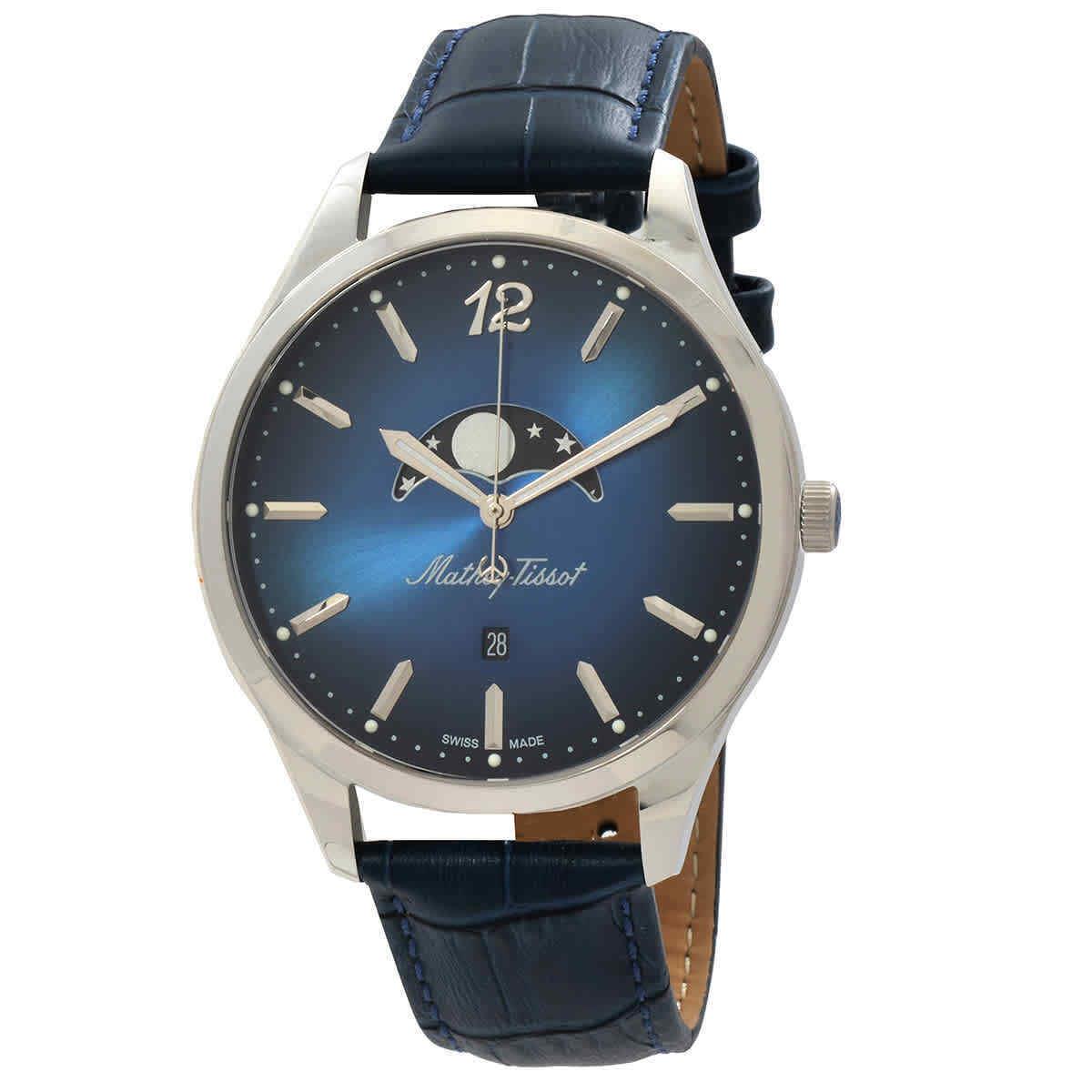 Mathey-tissot Urban Moon Quartz Moon Phase Blue Dial Men`s Watch H411LABU - Dial: Blue, Band: Blue, Bezel: Silver-tone