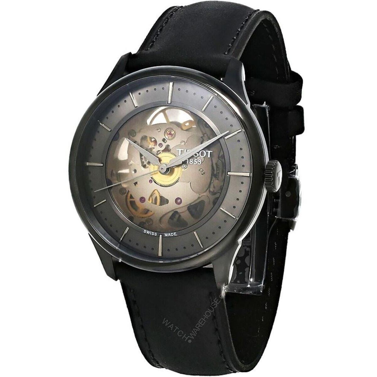 Tissot Chemin Des Tourelles 39mm Skeleton Black Pvd Men`s Watch T1398363644100 - Dial: Gunmetal, Skeleton, Band: Silver, Bezel: Black, Gunmetal