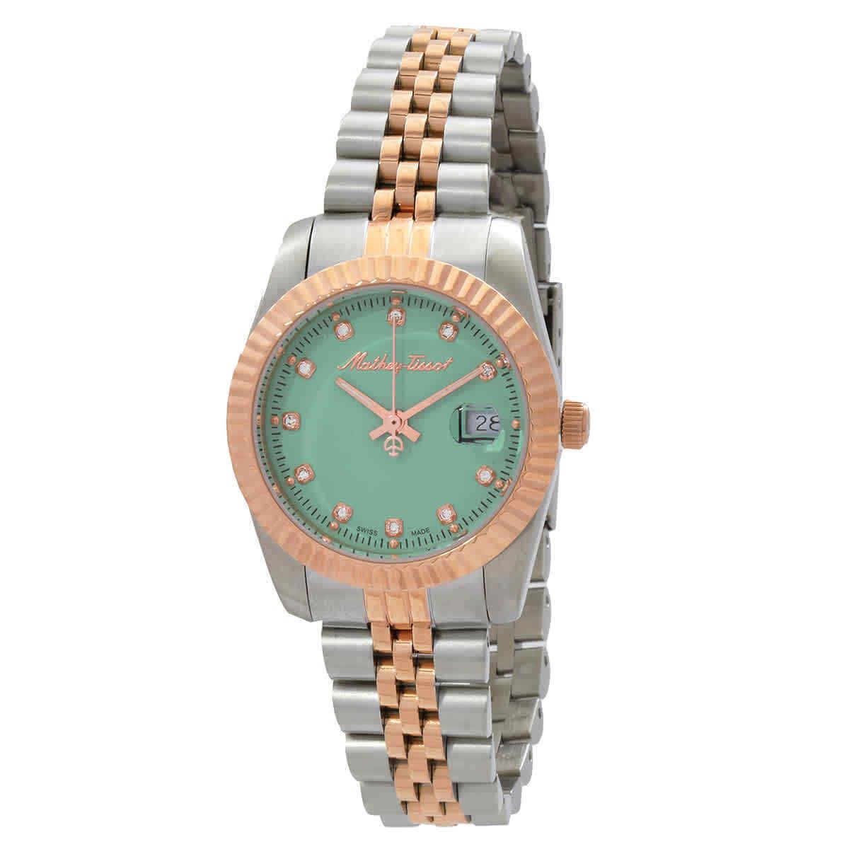 Mathey-tissot Mathy Iii Quartz Green Dial Ladies Watch D810RV - Dial: Green, Band: Two-tone (Silver-tone and Rose Gold-tone), Bezel: Silver-tone