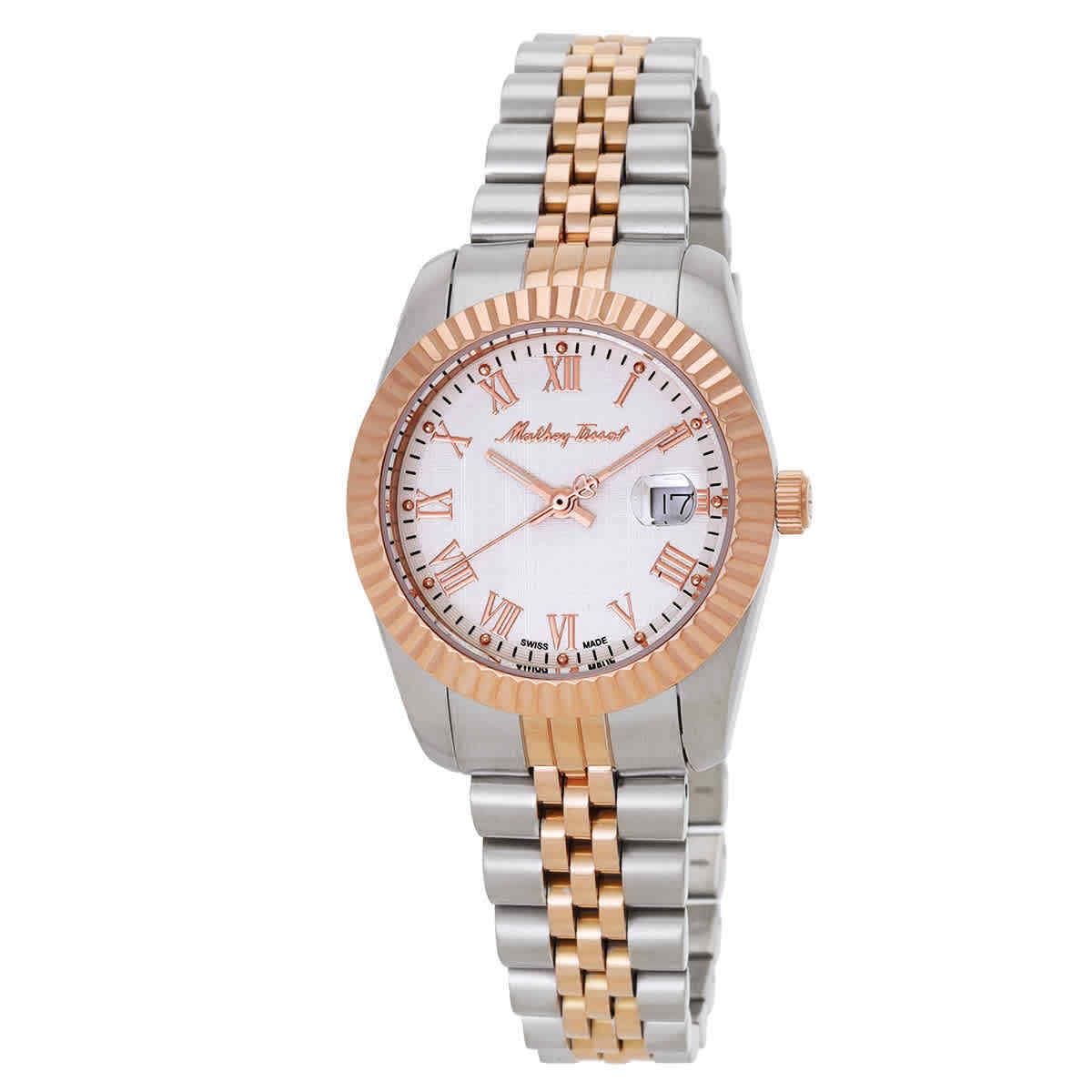 Mathey-tissot Mathy Iii Roman Quartz White Dial Ladies Watch D810BRA - Dial: White, Band: Two-tone (Silver-tone and Rose Gold-tone), Bezel: Silver-tone