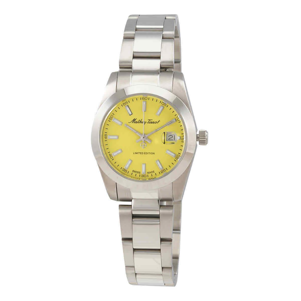 Mathey-tissot Mathy Sunray Quartz Ladies Watch D451J - Dial: Yellow, Band: Silver-tone, Bezel: Silver-tone