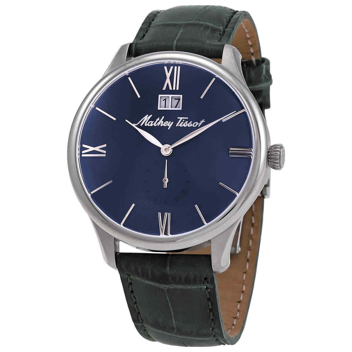 Mathey-tissot Edmond Quartz Blue Dial Mens Leather Watch H1886QAS - Dial: Blue, Band: Green, Bezel: Silver-tone