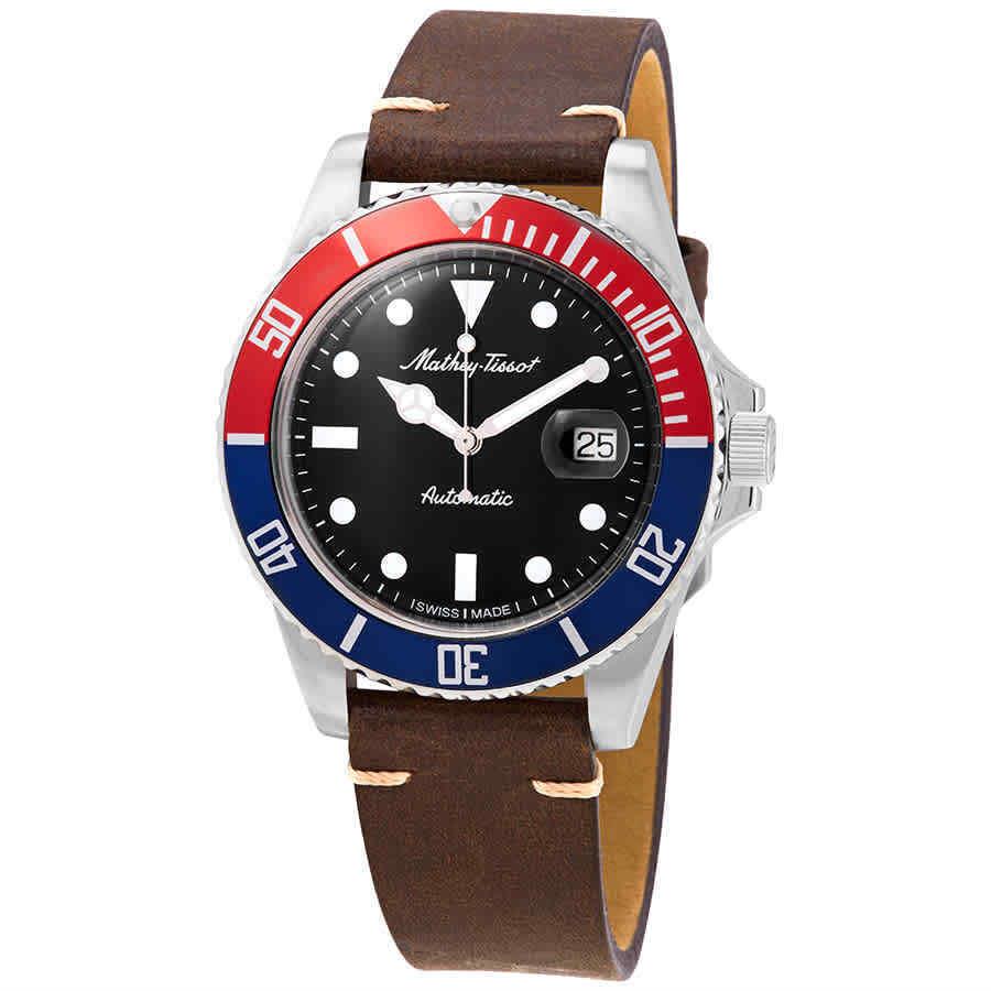 Mathey-tissot Mathey Vintage Automatic Pepsi Bezel Mens Watch H9010ATLR - Dial: Black, Band: Brown, Bezel: Silver-tone