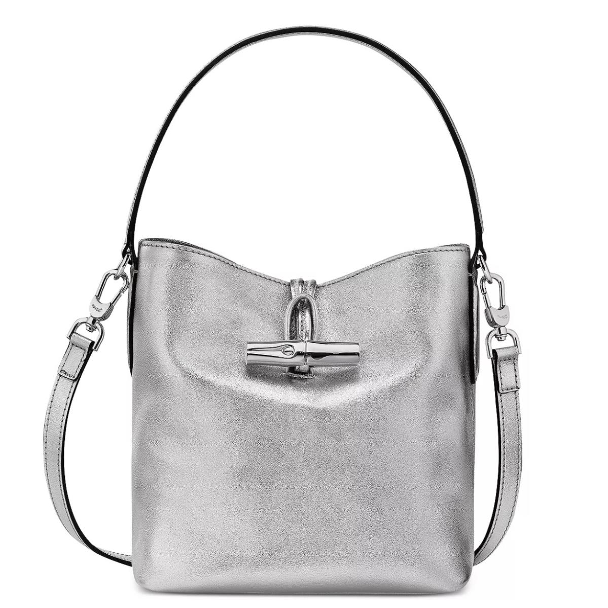 Longchamp Roseau Essential XS Silver Metallic Leather Bucket Bag