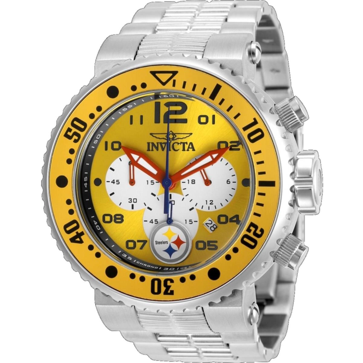 Invicta Men`s Watch Nfl Pittsburgh Steelers Chrono Yellow and White Dial 30281 - Dial: Yellow, White, Band: Silver