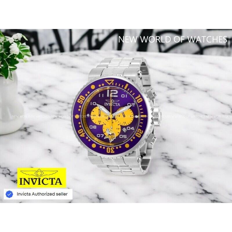 Invicta Mens Nfl Minnesota Vikings 52mm Purple Chronograph Stainless Steel Watch