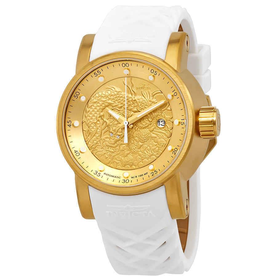 Invicta S1 Rally Gold Dragon Dial White and Beige Silicone Men`s Watch 19546 - Dial: Gold Textured, Band: White and Beige, Bezel: Yellow Gold-plated