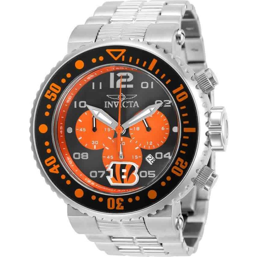 Invicta Nfl Cincinnati Bengals Chronograph Quartz Men`s Watch 30261 - Dial: Black (Cincinnati Bengals), Band: Silver-tone, Bezel: Black and Orange and Steel