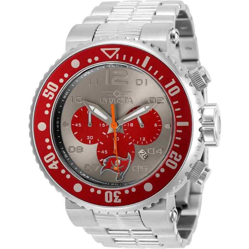 Invicta Nfl Tampa Bay Buccaneers Chronograph Quartz Men`s Watch 30284 - Dial: Grey (Tampa Bay Buccaneers), Band: Silver-tone, Bezel: Red and Grey and Steel