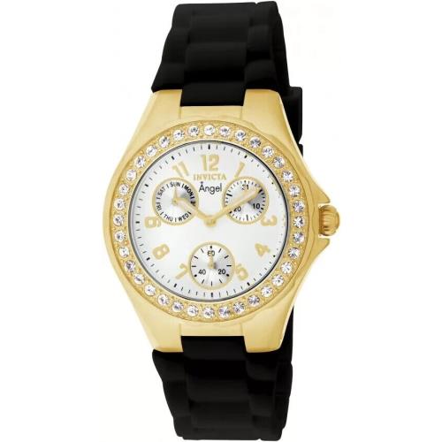 Invicta 1643 Women`s Angel Quartz White Dial Gold Black Rubber Band 38mm Watch