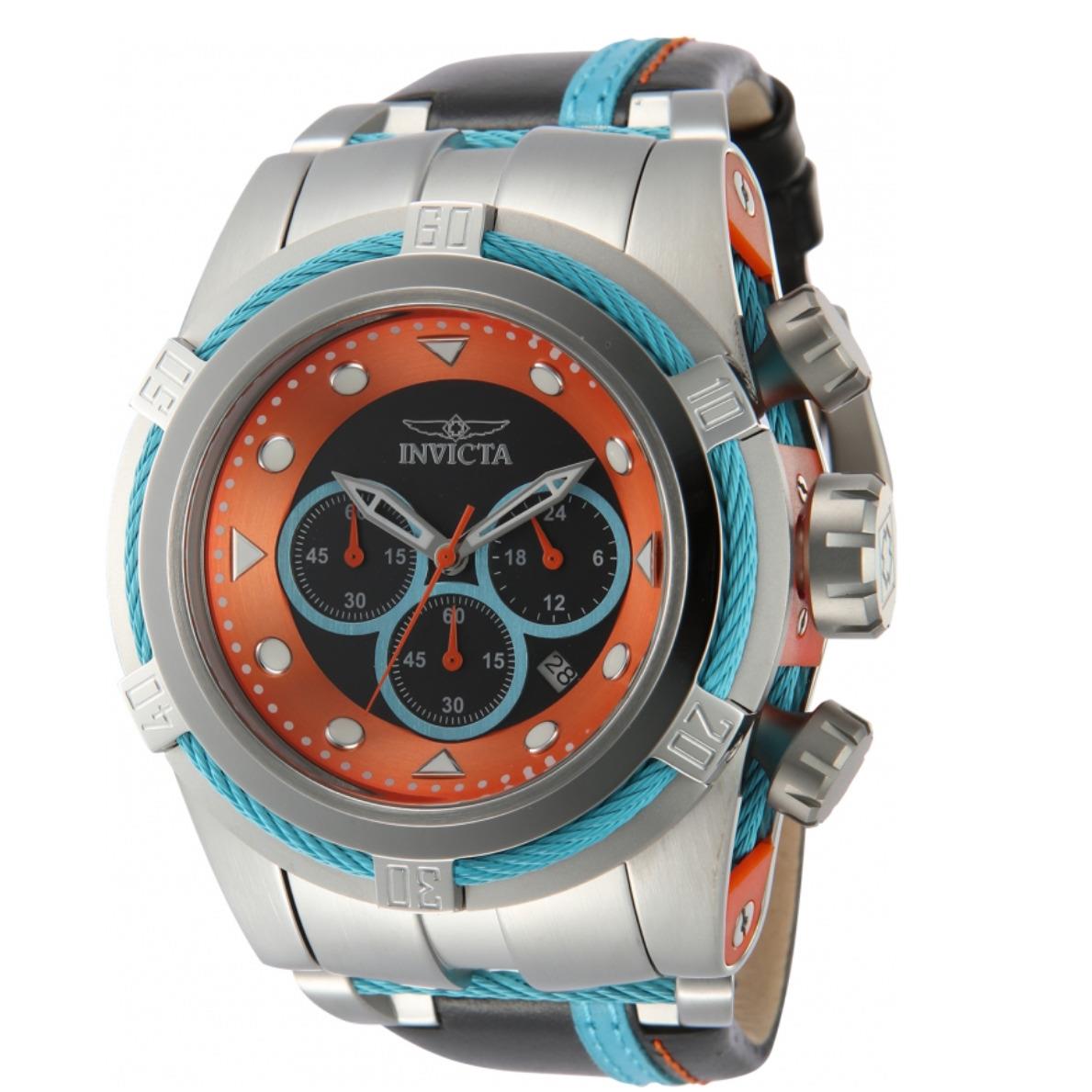 Invicta Bolt Zeus S1 Racer Men`s Large 53mm Chrono Leather Strap Watch 43785 - Dial: Black, Blue, Orange, White, Band: Black, Blue, Bezel: Blue, Silver