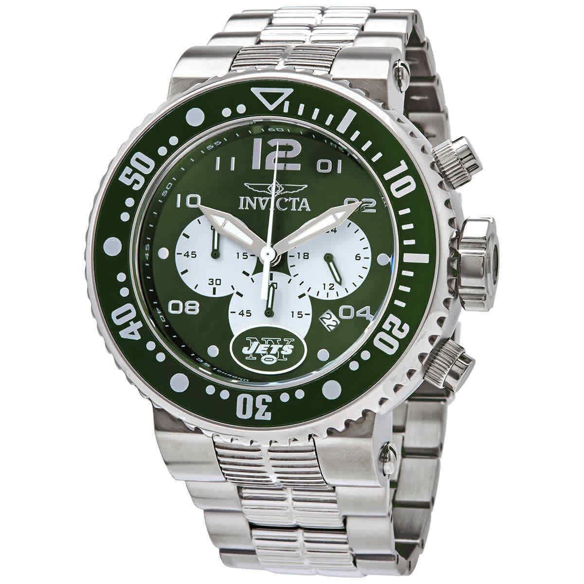 Invicta Nfl York Jets Chronograph Quartz Men`s Watch 30277 - Dial: Green, Band: Silver-tone, Bezel: Green and Silver and Steel