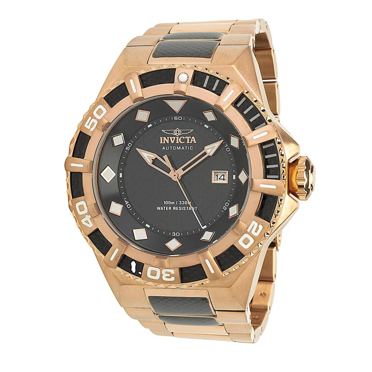 Invicta Men`s Elite 23 Jewels Automatic Professional Diver SS Bracelet Watch - Dial: Black, Band: Rose Gold, Bezel: Rose Gold