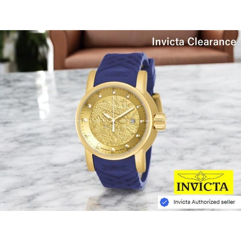 Invicta Men`s S1 Rally Automatic Gold Dial Silicone Band 48mm Jewels Steel Watch - Dial: Gold, Band: Blue, Bezel: Gold