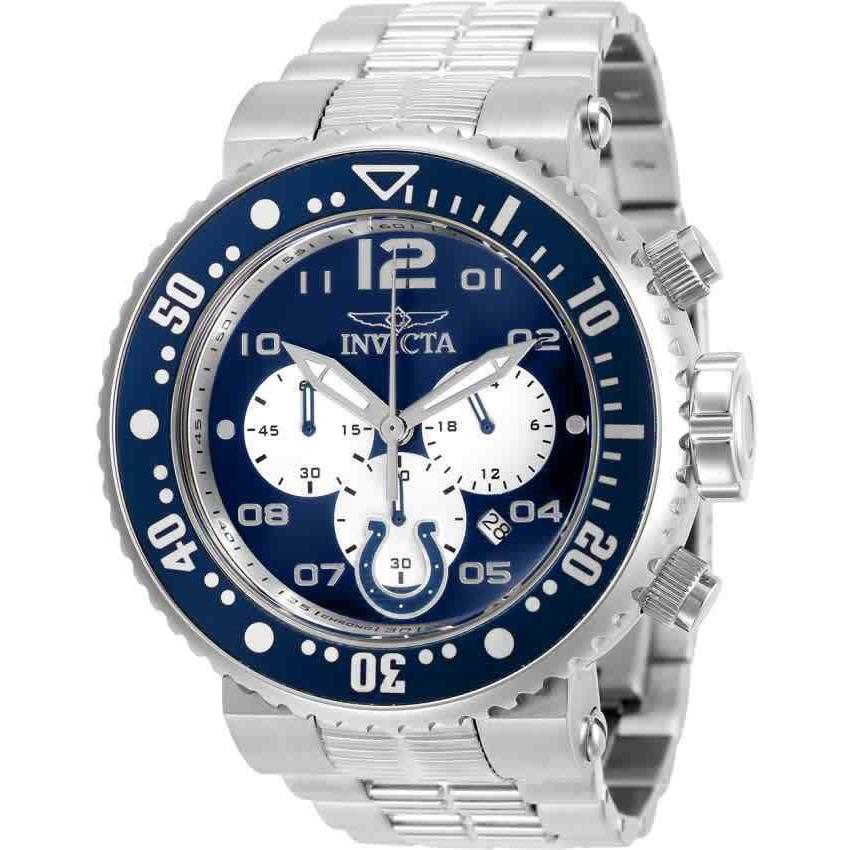 Invicta Nfl Indianapolis Colts Chronograph Quartz Men`s Watch 30268 - Dial: Blue (Indianapolis Colts), Band: Silver-tone, Bezel: Blue and Silver and Steel