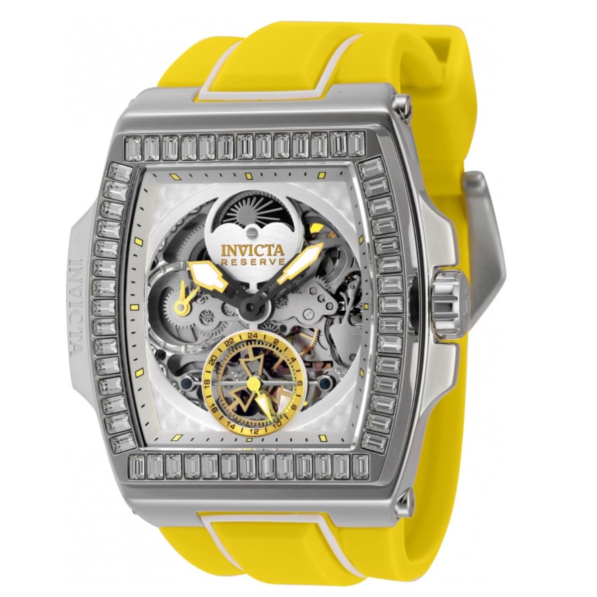 Invicta Reserve S1 Rally Diablo Men 51mm Dual Time Automatic Crystal Watch 43420 - Dial: Clear, Silver, White, Yellow, Band: Yellow, Bezel: Silver, White