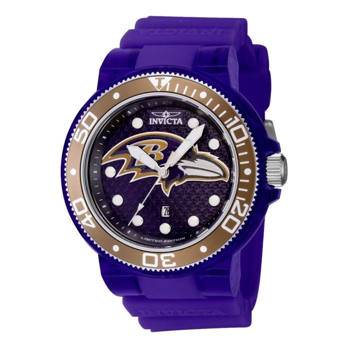 Invicta Nfl Baltimore Ravens Men`s 52mm Pro Diver Limited Silicone Watch 41456