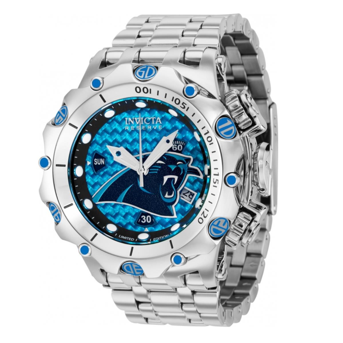 Invicta Reserve Venom Nfl Carolina Panthers Men`s 51mm Limited Ed Watch 36129 - Dial: Black, Blue, Multicolor, Silver, White, Band: Silver, Bezel: Blue, Silver