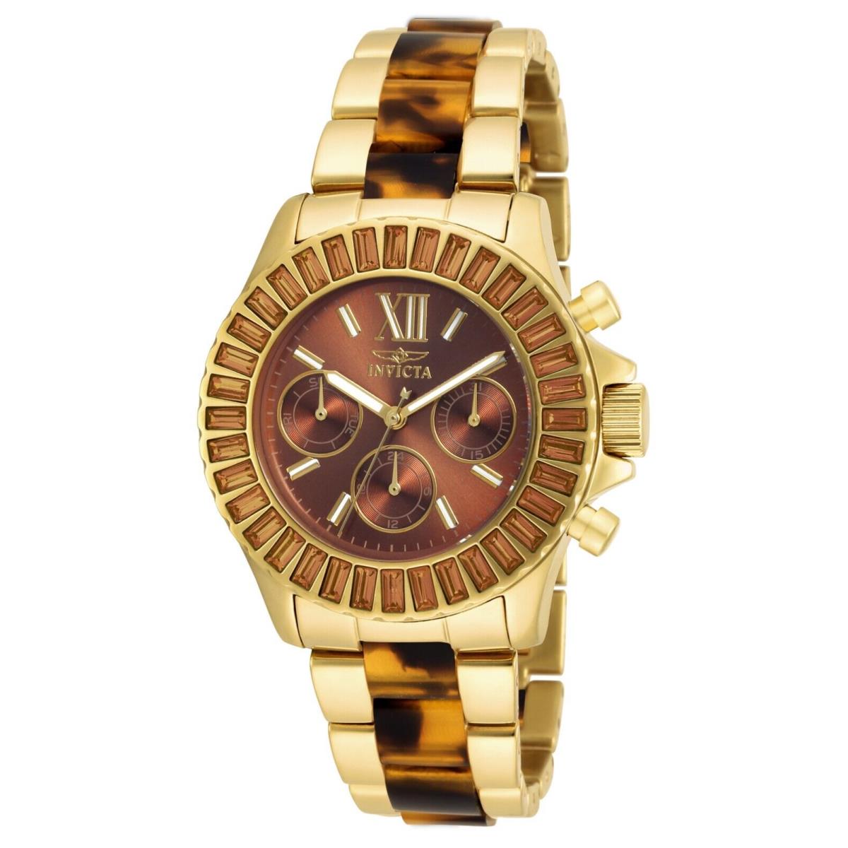 Invicta Angel Women`s Watch - 38mm Gold 17494 - Dial: Brown, Band: gold stainless steel, tortoise