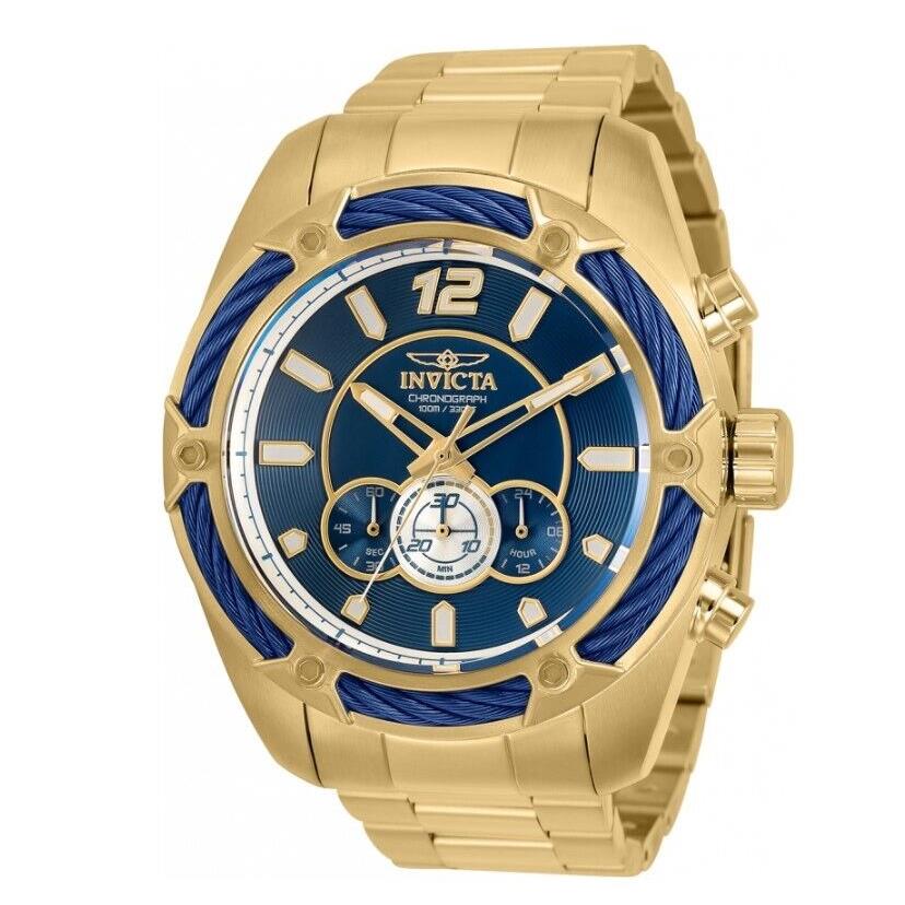 Invicta Bolt Mens 52mm Blue Dial Gold Bracelet Miyota Chronograph Movement 31477