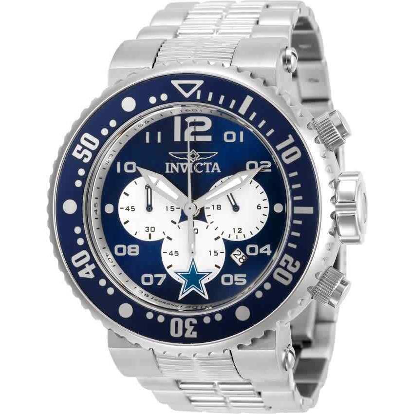 Invicta Nfl Dallas Cowboys Chronograph Quartz Men`s Watch 30263 - Dial: Blue, Band: Silver-tone, Bezel: Silver-tone