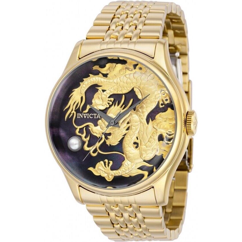 Invicta Men`s 46 mm Vintage Gold Embossed Dragon Automatic Black Mop Dial Watch