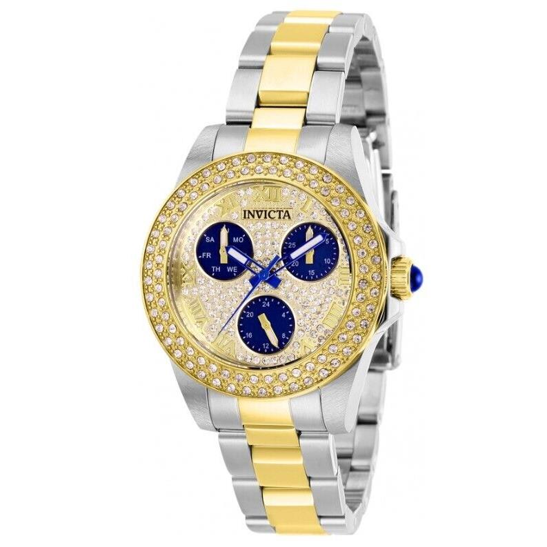 Invicta Angel Women`s 34mm Pave Crystal Dial Gold Multi-function Watch 28476 - Dial: Blue, Gold, Band: Gold, Silver