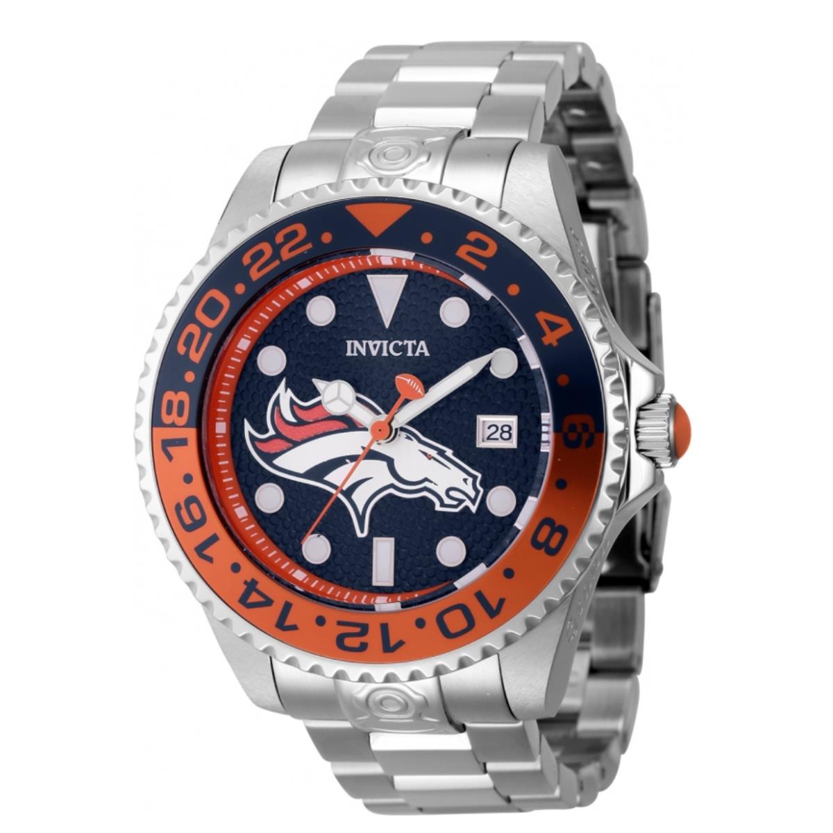 Invicta Nfl Denver Broncos Men`s 47mm Grand Diver Automatic Watch 45038 - Dial: Blue, Multicolor, Orange, White, Band: Silver, Bezel: Blue, Orange