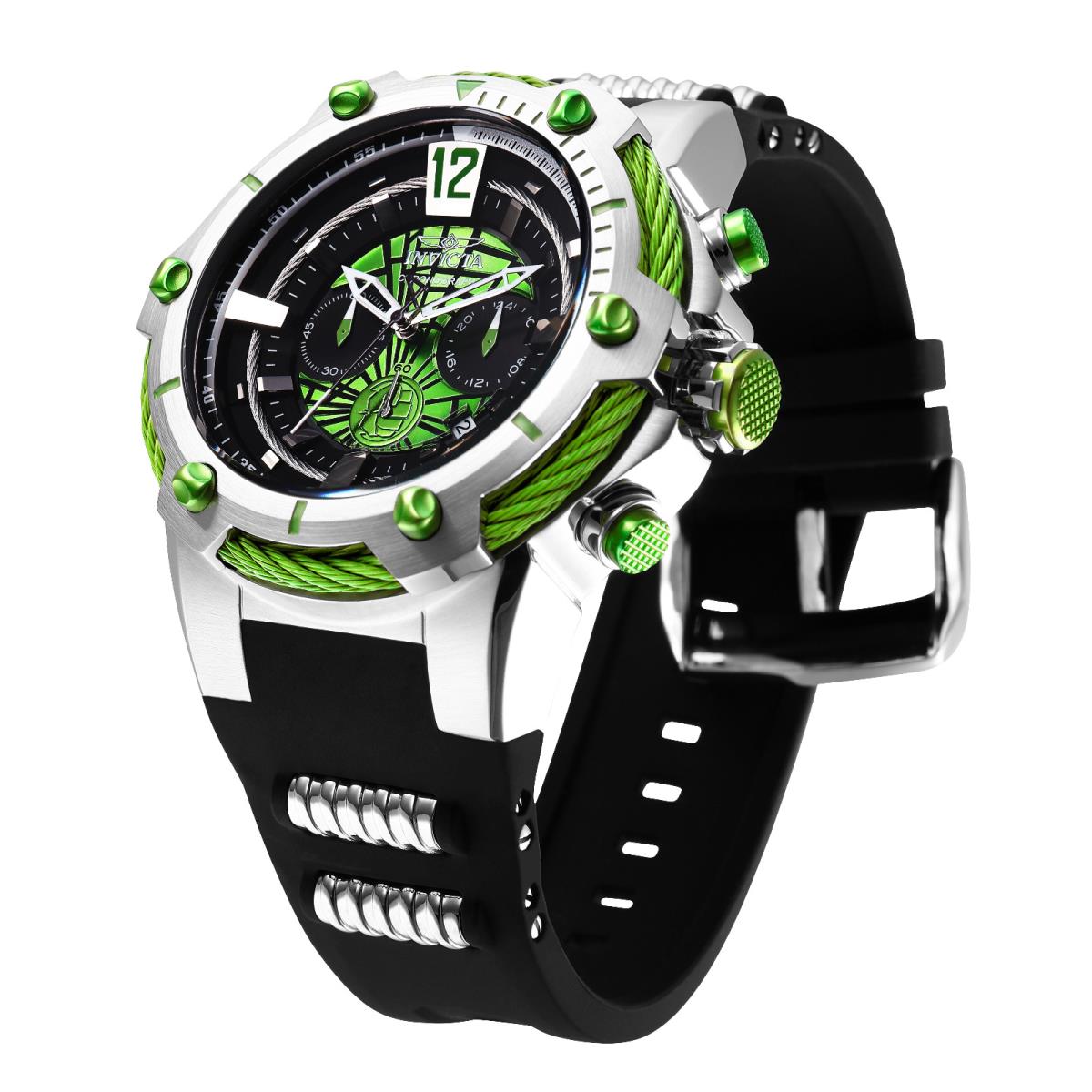 Invicta Marvel Limited Edition Hulk Rubber Band 53mm Chronograph - Dial: Black / Green, Band: Black, Bezel: Silver / Green