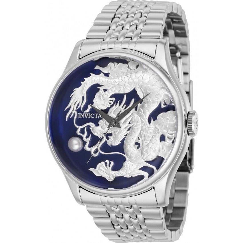 Invicta Men`s 46 mm Vintage Silver Embossed Dragon Automatic Blue Mop Dial Watch